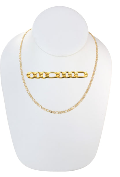 Gold Plated 80mm Figaro Chain Necklace displayed on a jewelry bust, available in 18", 20", 22", and 24" lengths.