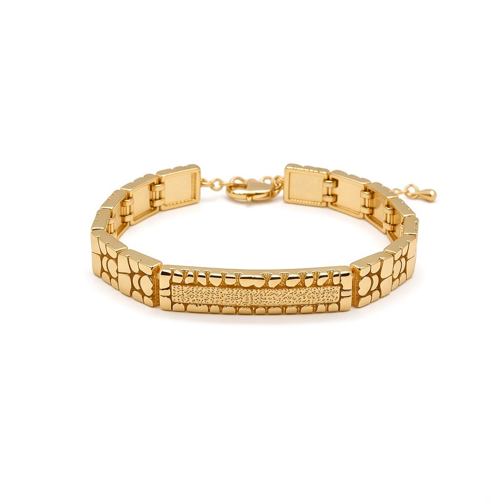 Gold Plated Textured Nugget Link ID Plate Bracelet - Oro Laminado