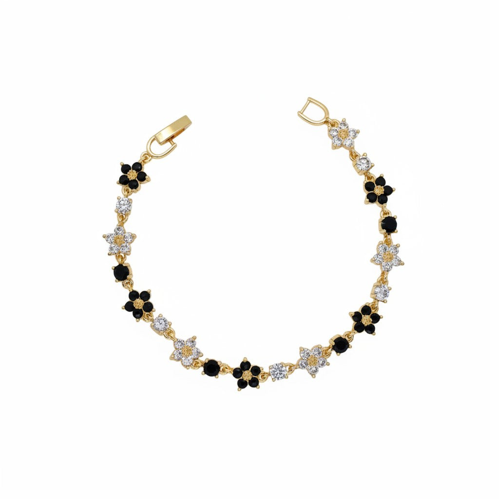 Gold-Plated CZ Floral Blossom Station Tennis Bracelet - Oro Laminado