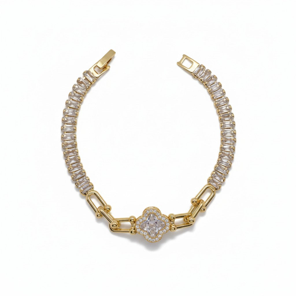 Gold Plated Clover with Baguette CZ Tennis Bracelet - Oro Laminado
