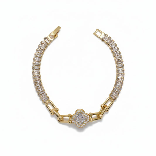 Gold Plated Clover with Baguette CZ Tennis Bracelet - Oro Laminado