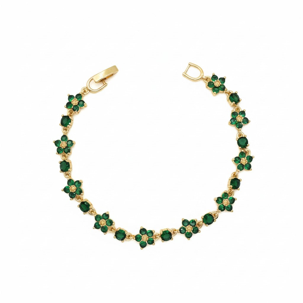 Gold-Plated CZ Floral Blossom Station Tennis Bracelet - Oro Laminado