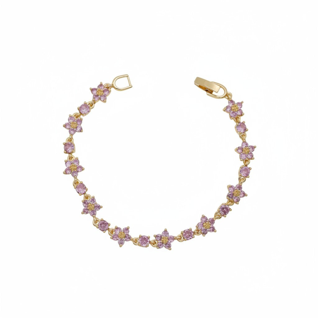 Gold-Plated CZ Floral Blossom Station Tennis Bracelet - Oro Laminado