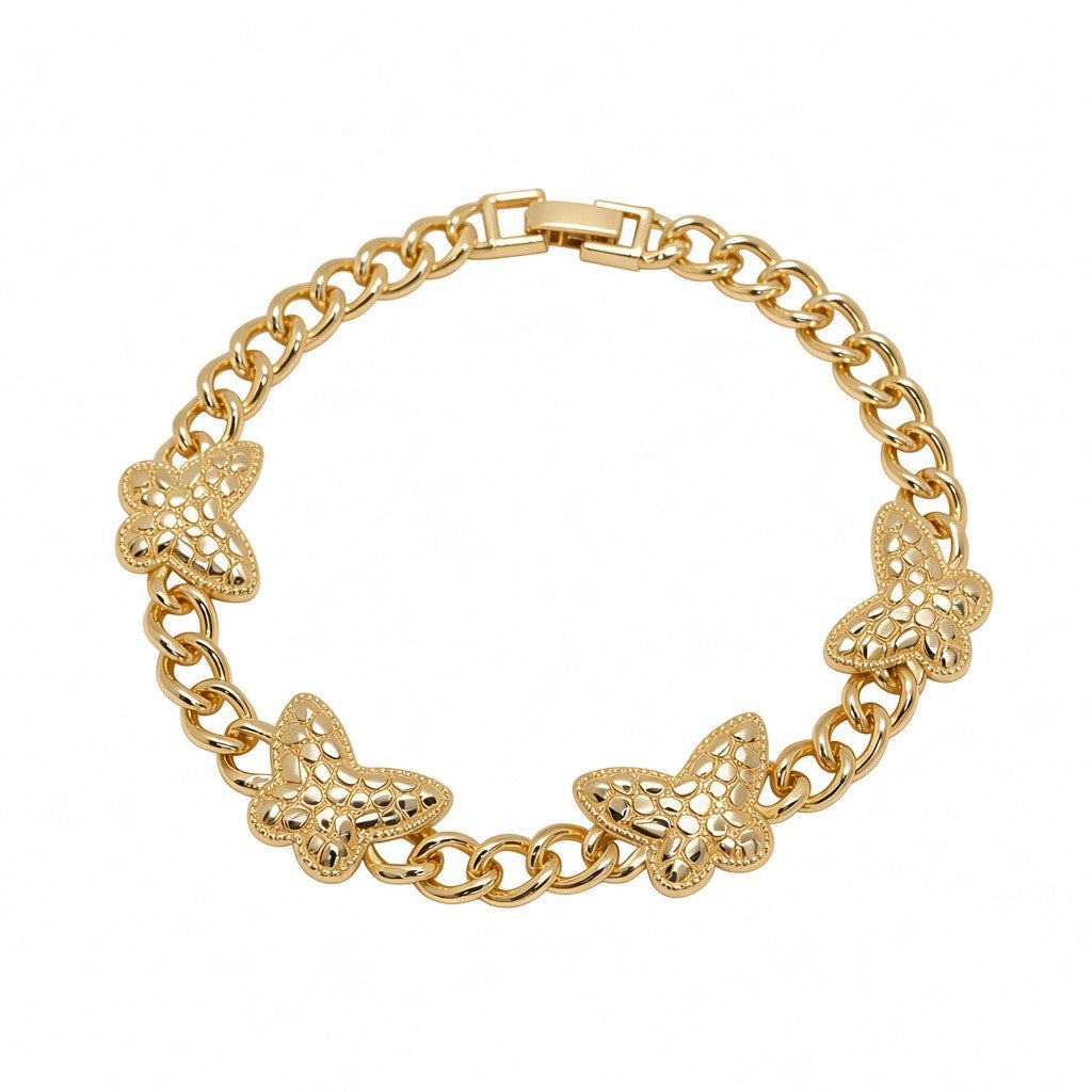Gold Plated Textured Butterfly Curb Chain Station Bracelet - Oro Laminado
