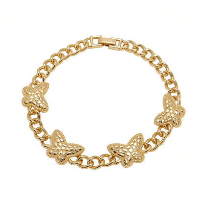 Gold Plated Textured Butterfly Curb Chain Station Bracelet - Oro Laminado