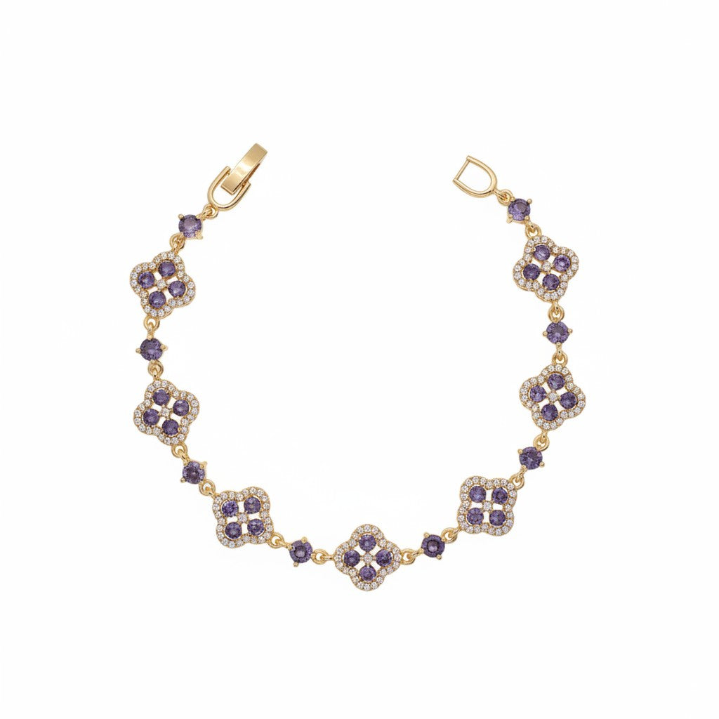 Gold Plated Quatrefoil Clover Bracelet with Single Round CZ Interlinks - Oro Laminado