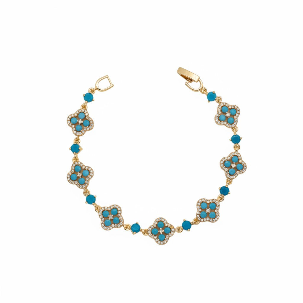 Gold Plated Quatrefoil Clover Bracelet with Single Round CZ Interlinks - Oro Laminado
