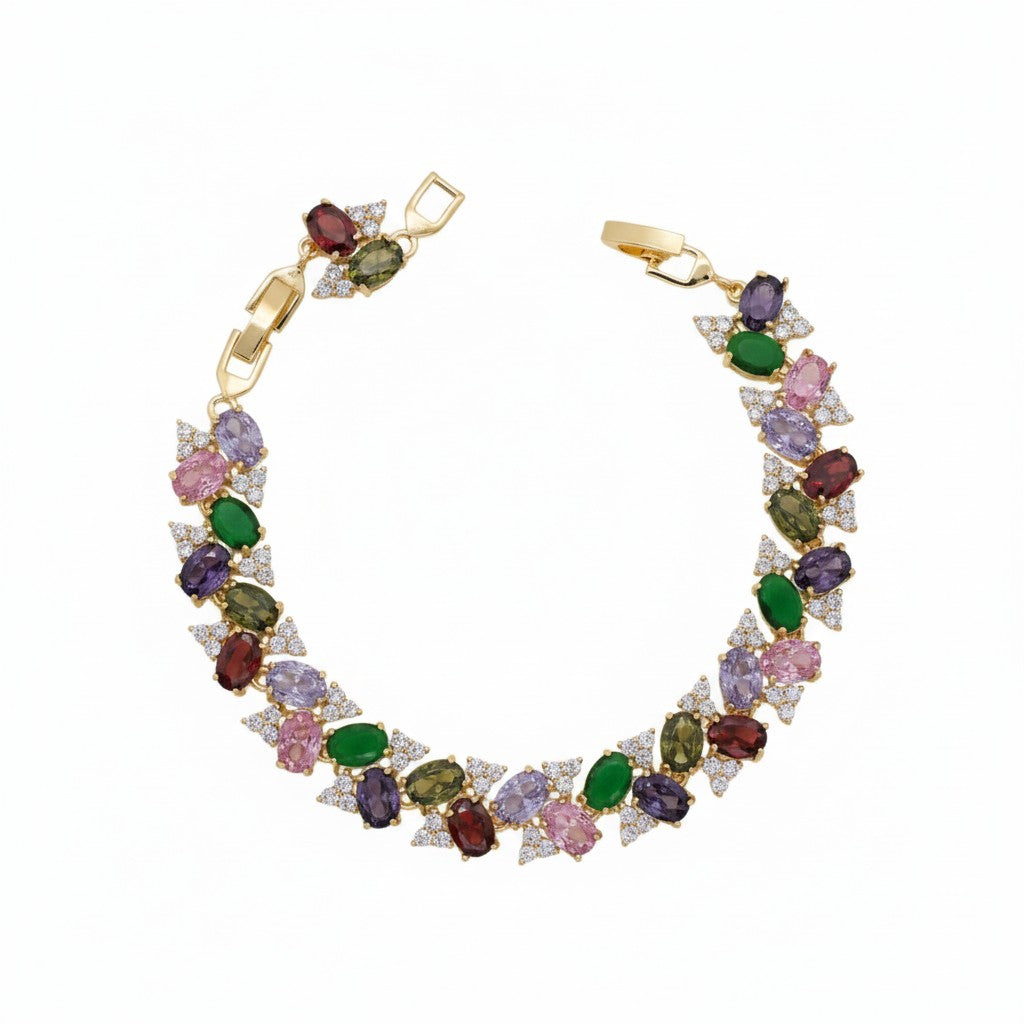Gold Plated Oval Gemstone & CZ Cluster Vine Bracelet - Oro Laminado