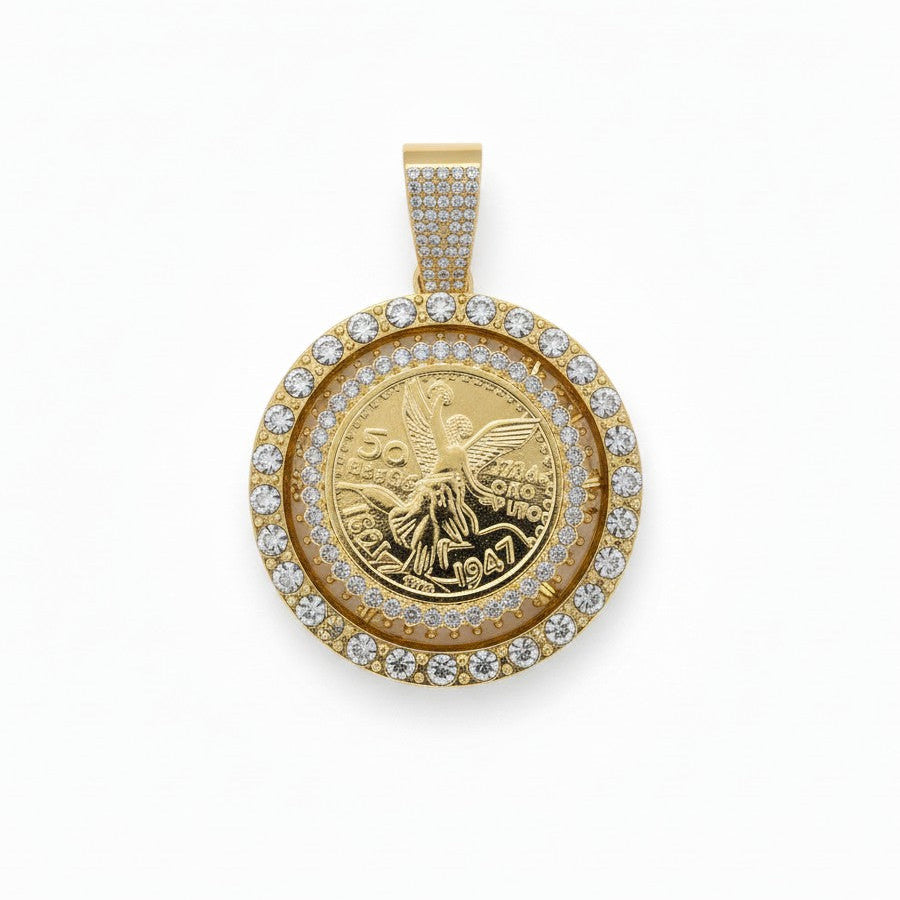 Gold-Plated Double-Halo Centenario Coin Pendant - Oro Laminado