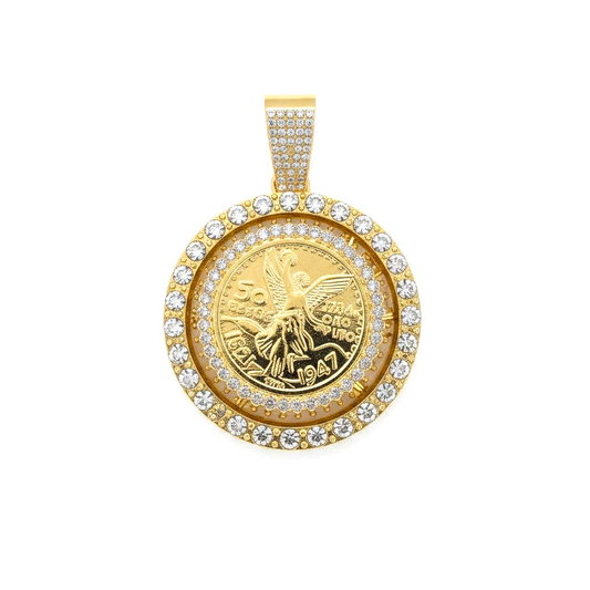 Amafhha Jewels gold-plated Centenario coin pendant featuring a double halo of cubic zirconia and an iced-out bail.