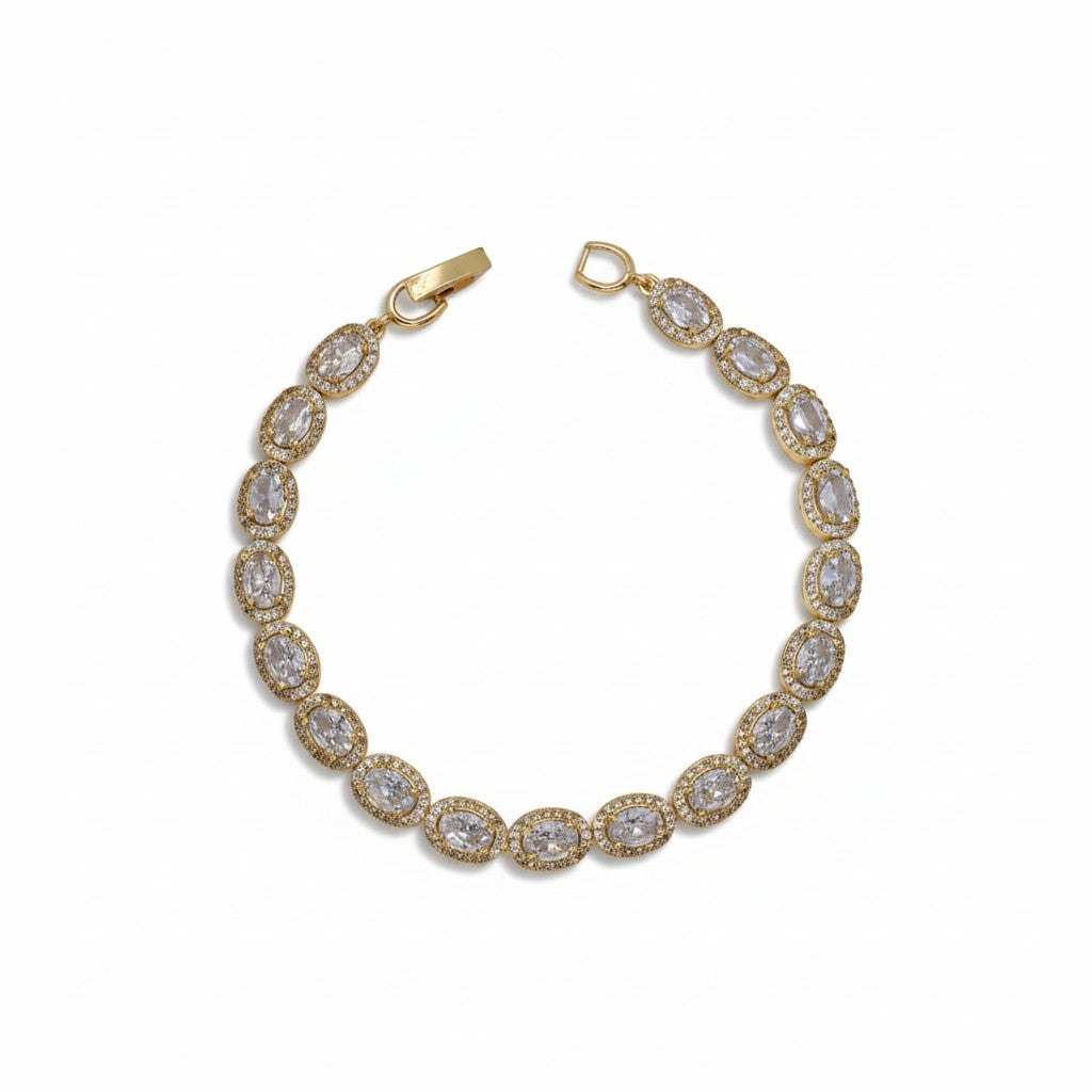 Gold Plated Oval Gemstone Halo Tennis Bracelet - Oro Laminado