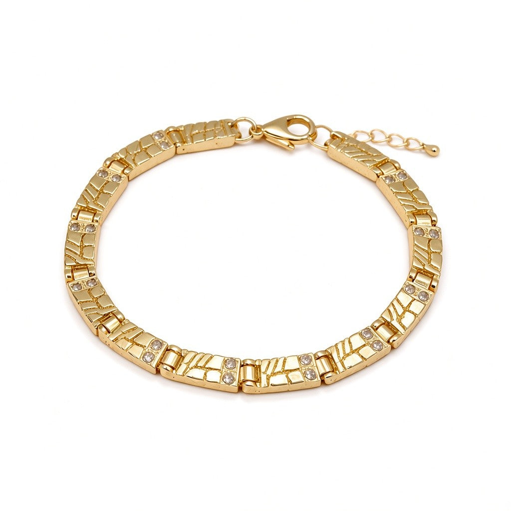 Gold Plated Textured Nugget Link CZ Station Bracelet - Oro Laminado