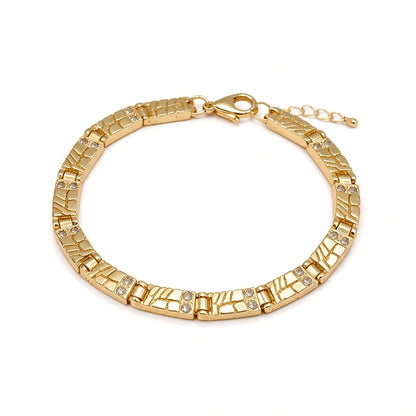 Gold Plated Textured Nugget Link CZ Station Bracelet - Oro Laminado