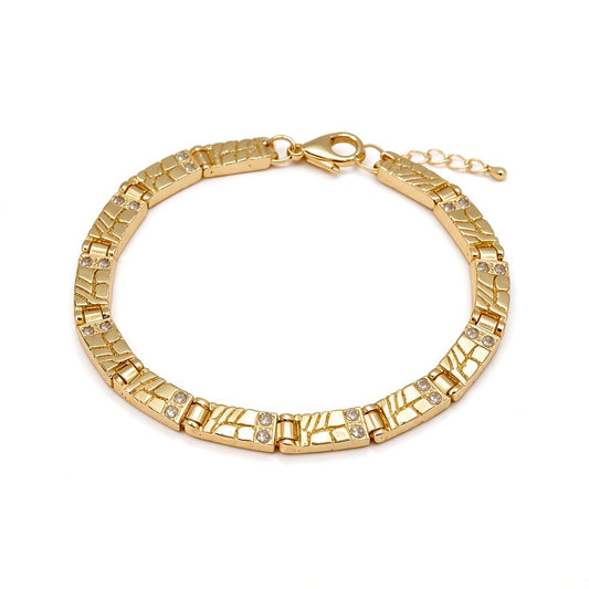 Gold Plated Textured Nugget Link CZ Station Bracelet - Oro Laminado