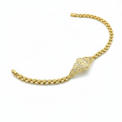 Gold Plated Virgin Mary Oval Medallion Filigree Bracelet - Oro Laminado