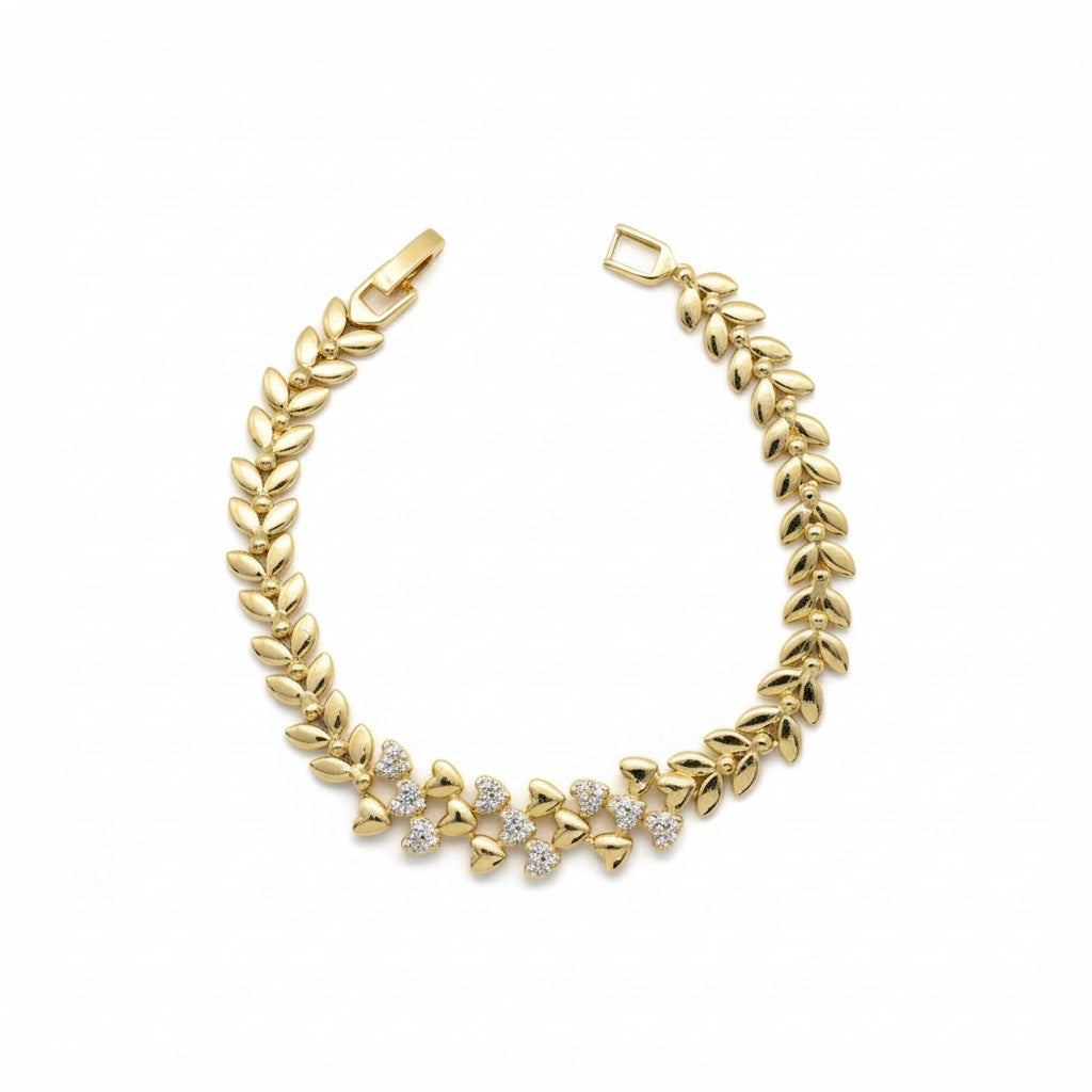 Gold Plated Laurel Leaf & Micro-Pave Heart Bracelet - Oro Laminado