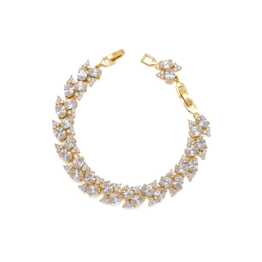 Amafhha Jewels gold-plated vine bracelet featuring oval gemstones and sparkling cubic zirconia cluster accents.