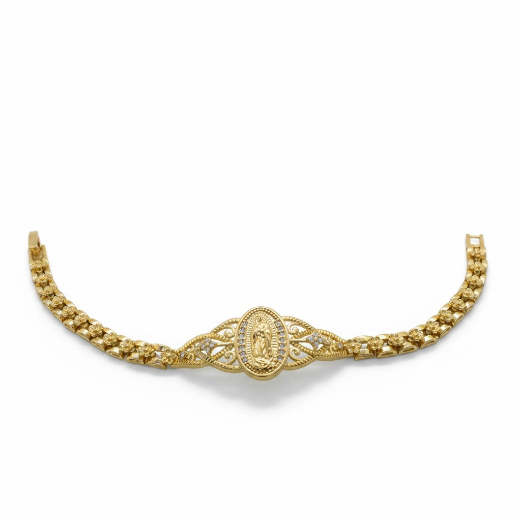 Gold Plated Virgin Mary Oval Medallion Filigree Bracelet - Oro Laminado