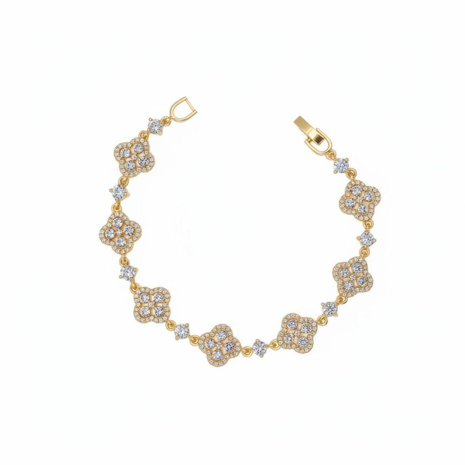 Gold Plated Quatrefoil Clover Bracelet with Single Round CZ Interlinks - Oro Laminado