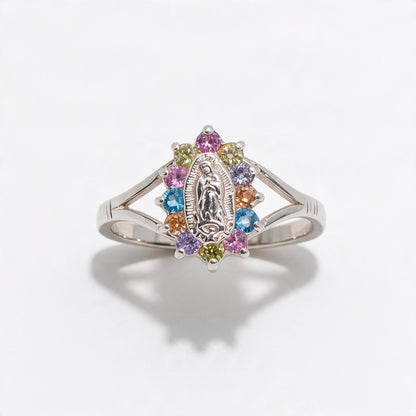 925 Sterling Silver Virgin Mary Multicolor CZ Split Shank Ring