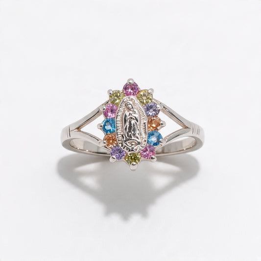 925 Sterling Silver Virgin Mary Multicolor CZ Split Shank Ring