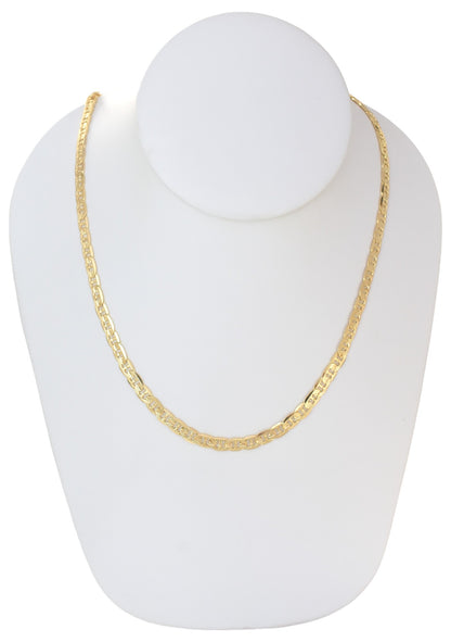 Gold Plated 100mm width Diamond Cut Mariner Chain Necklace on a jewelry display, available in 26" and 24" lengths.