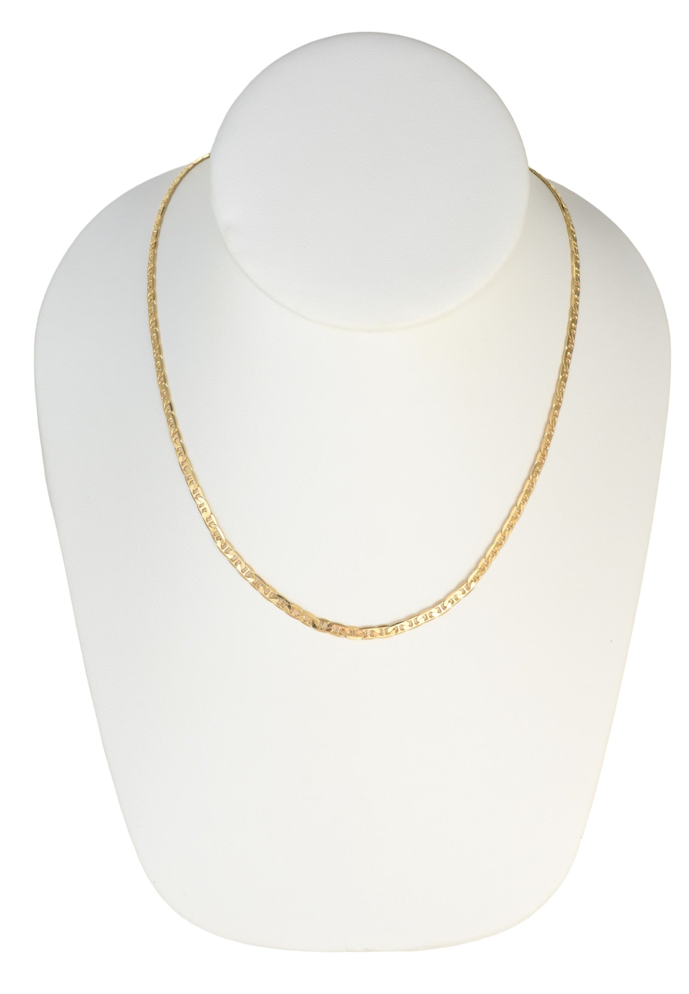 Gold Plated Mariner Chain Necklace displayed on a jewelry bust, available in 18", 20", 22", and 24" lengths, 50mm width.