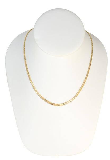 Gold Plated Mariner Chain Necklace displayed on a jewelry bust, available in 18", 20", 22", and 24" lengths, 80mm width.