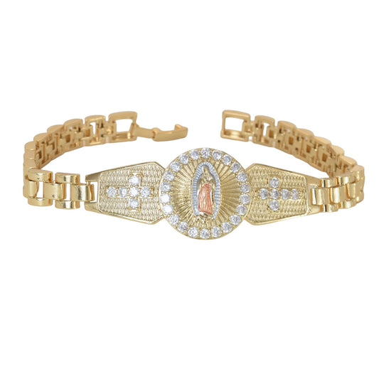 Gold Plated CZ Virgin Mary Religious Bracelets, Oro Laminado Religious Pulsera, Link Bracelet