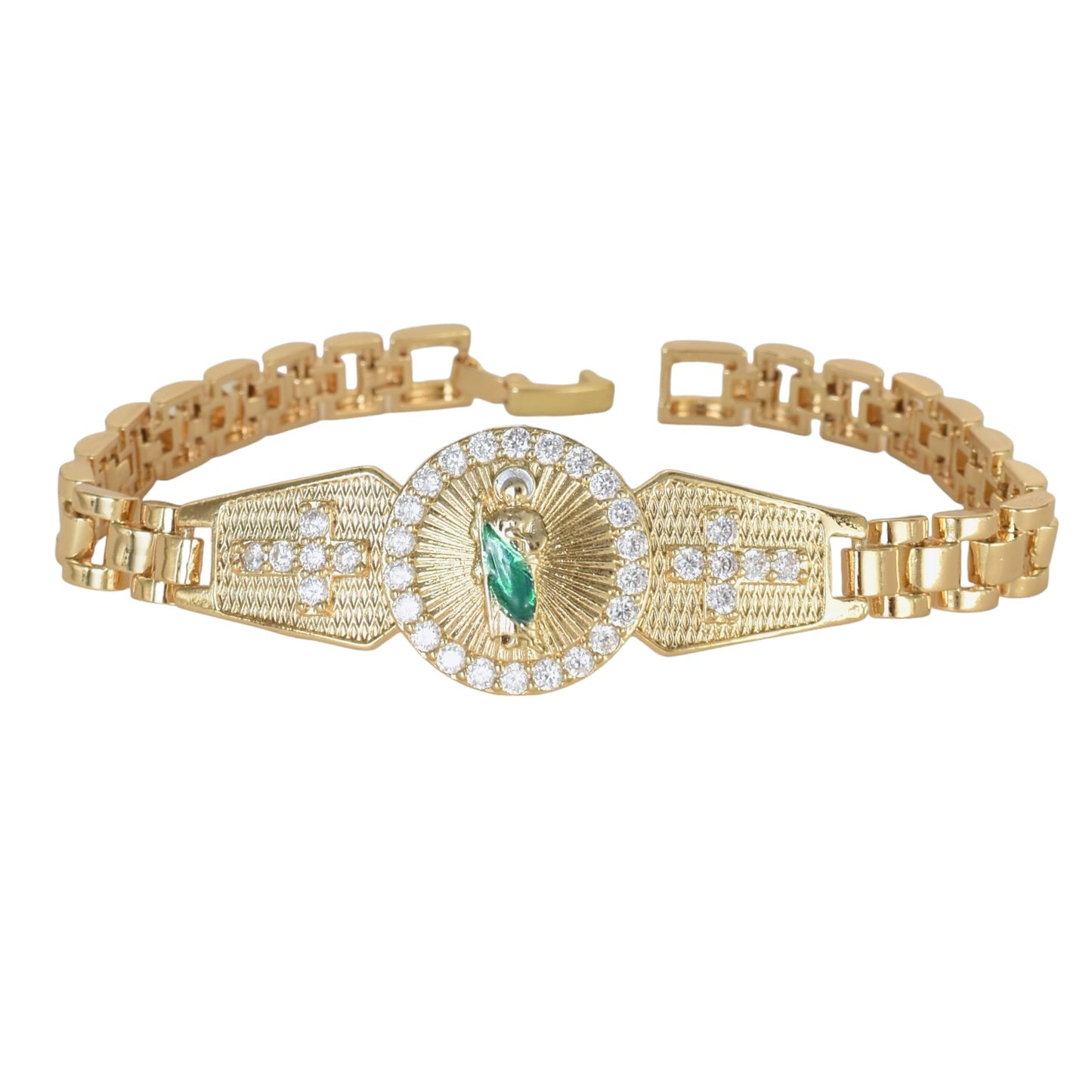 Gold Plated CZ St Judas Religious Bracelets, Oro Laminado Religious Pulsera, Link Bracelet