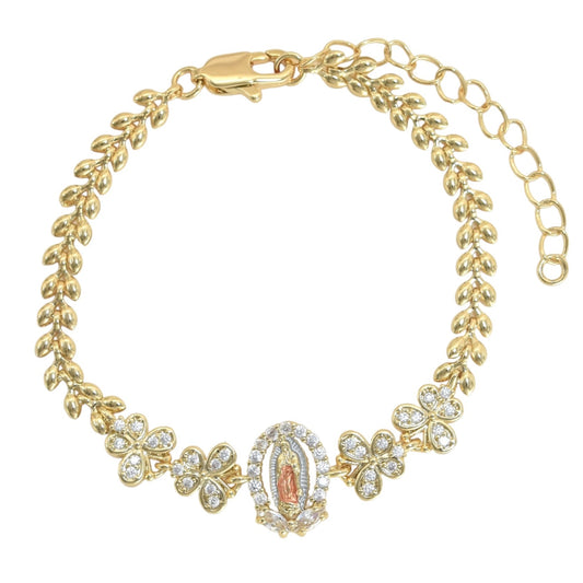 Gold Plated CZ Virgin Mary Religious Bracelets, Oro Laminado Religious Pulsera, Leaf Bracelet