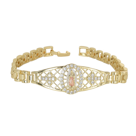 Gold Plated CZ Virgin Mary Religious Bracelets, Oro Laminado Religious Pulsera, Link Bracelet