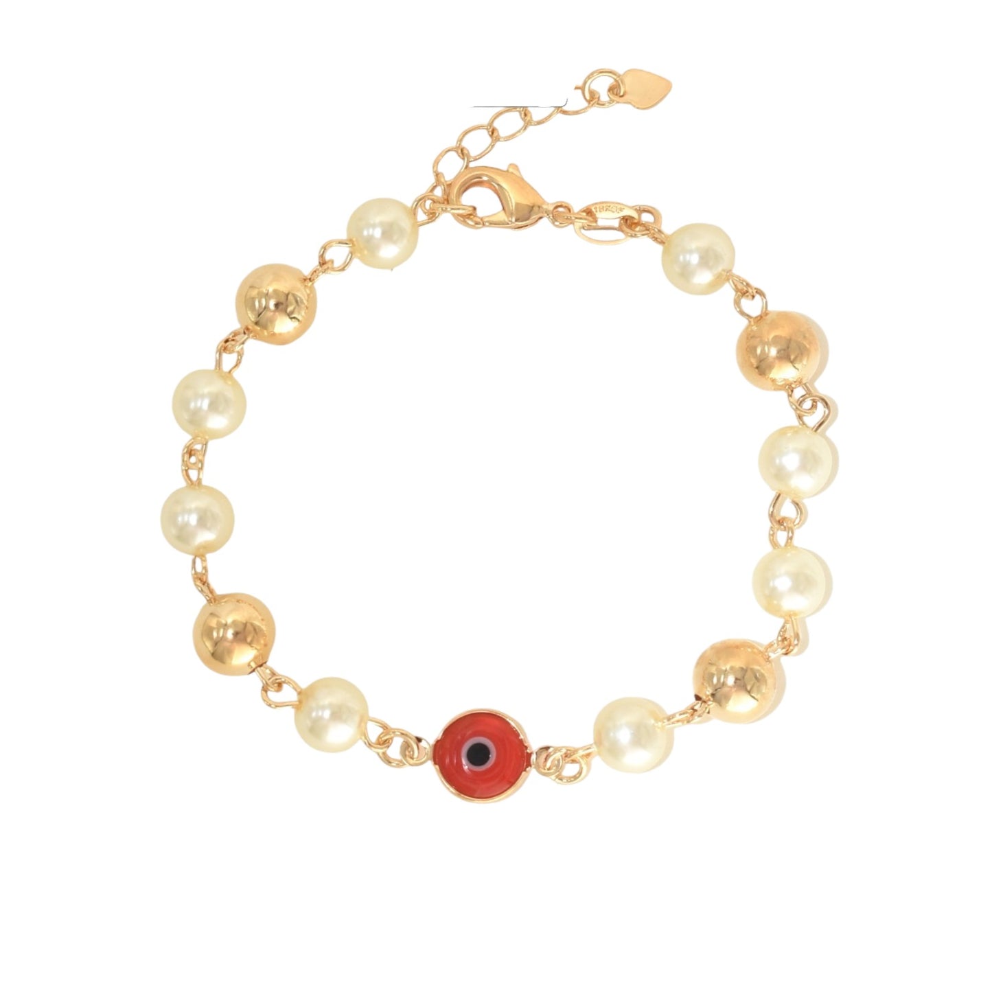 Gold Plated Red Evil Eye Religious Pearl Bracelets, Oro Laminado Religious Pulsera, Link Bracelet