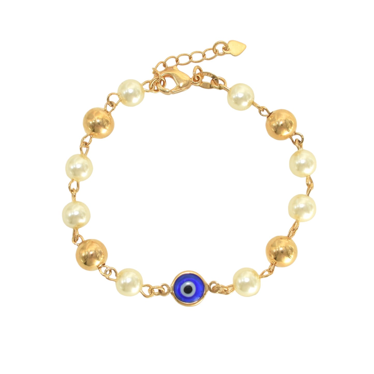 Gold Plated  Blue Evil Eye Religious Pearl Bracelets, Oro Laminado Religious Pulsera, Link Bracelet