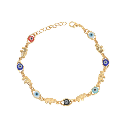 Gold Plated Evil Eye Elephant Protection Bracelets, Oro Laminado Religious Pulsera, Eye Bracelet