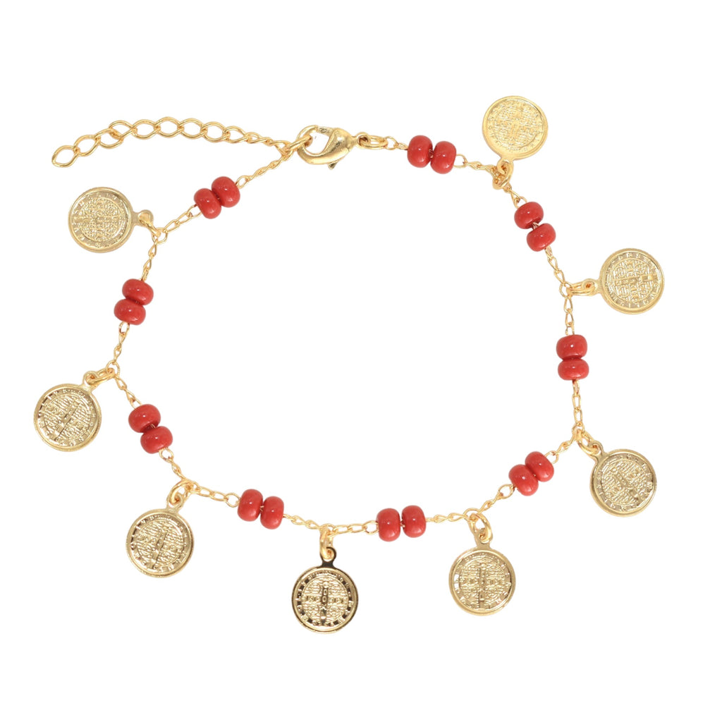 Gold Plated St Judas Red Bead Protection Bracelets, Oro Laminado Religious Pulsera
