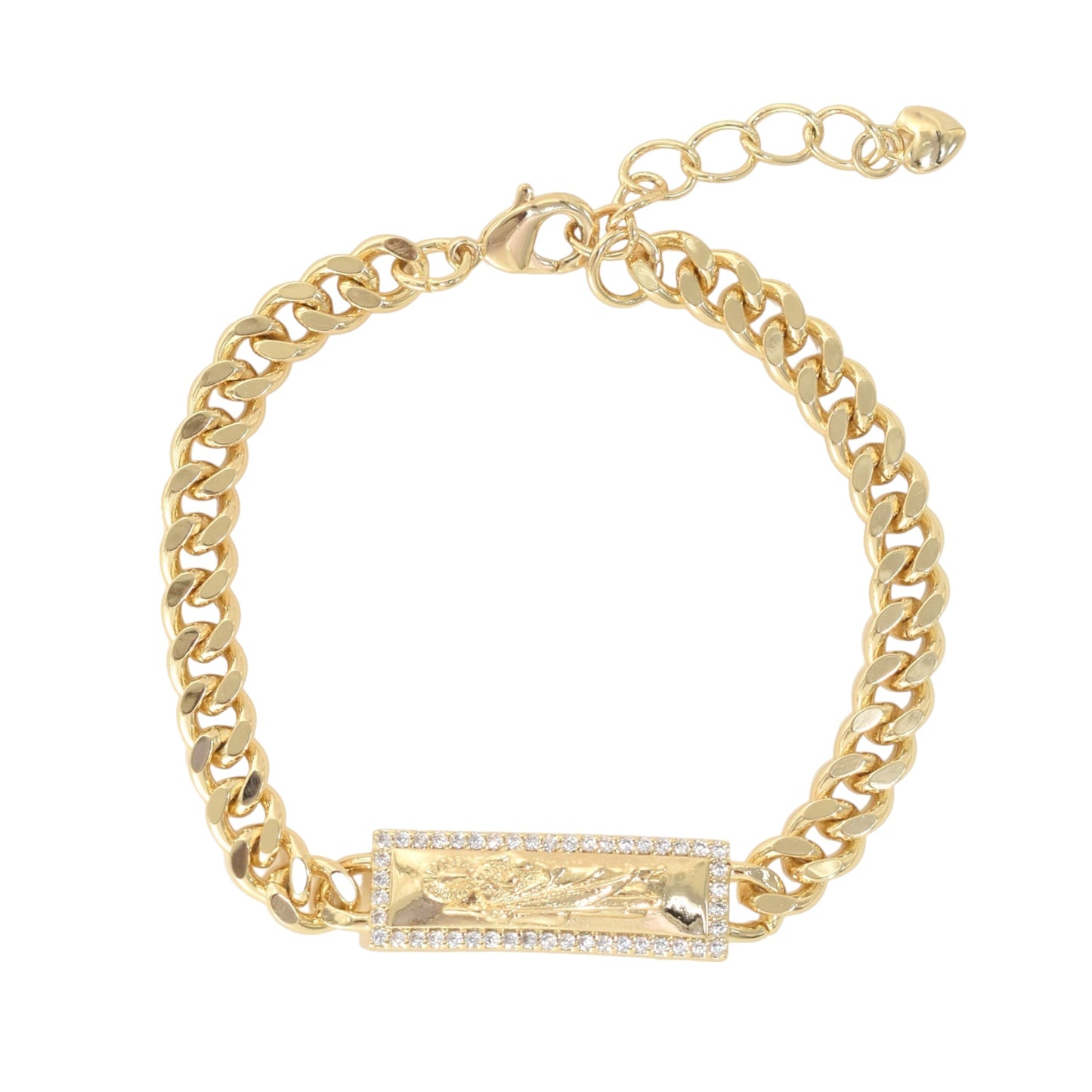 Gold Plated  CZ St Judas  Protection Bracelets, Oro Laminado Religious Pulsera, Cuban Link Bracelet