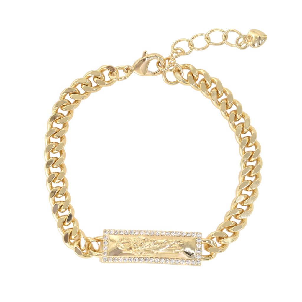 Gold Plated  CZ St Judas  Protection Bracelets, Oro Laminado Religious Pulsera, Cuban Link Chain Bracelet