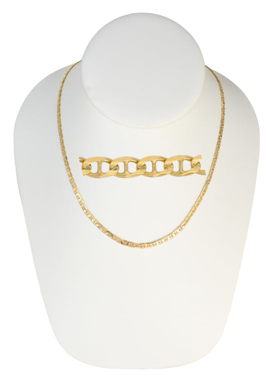 Gold Plated Mariner Chain Necklace displayed on a jewelry bust, 50mm width,available in 18", 20", 22", and 24" lengths.