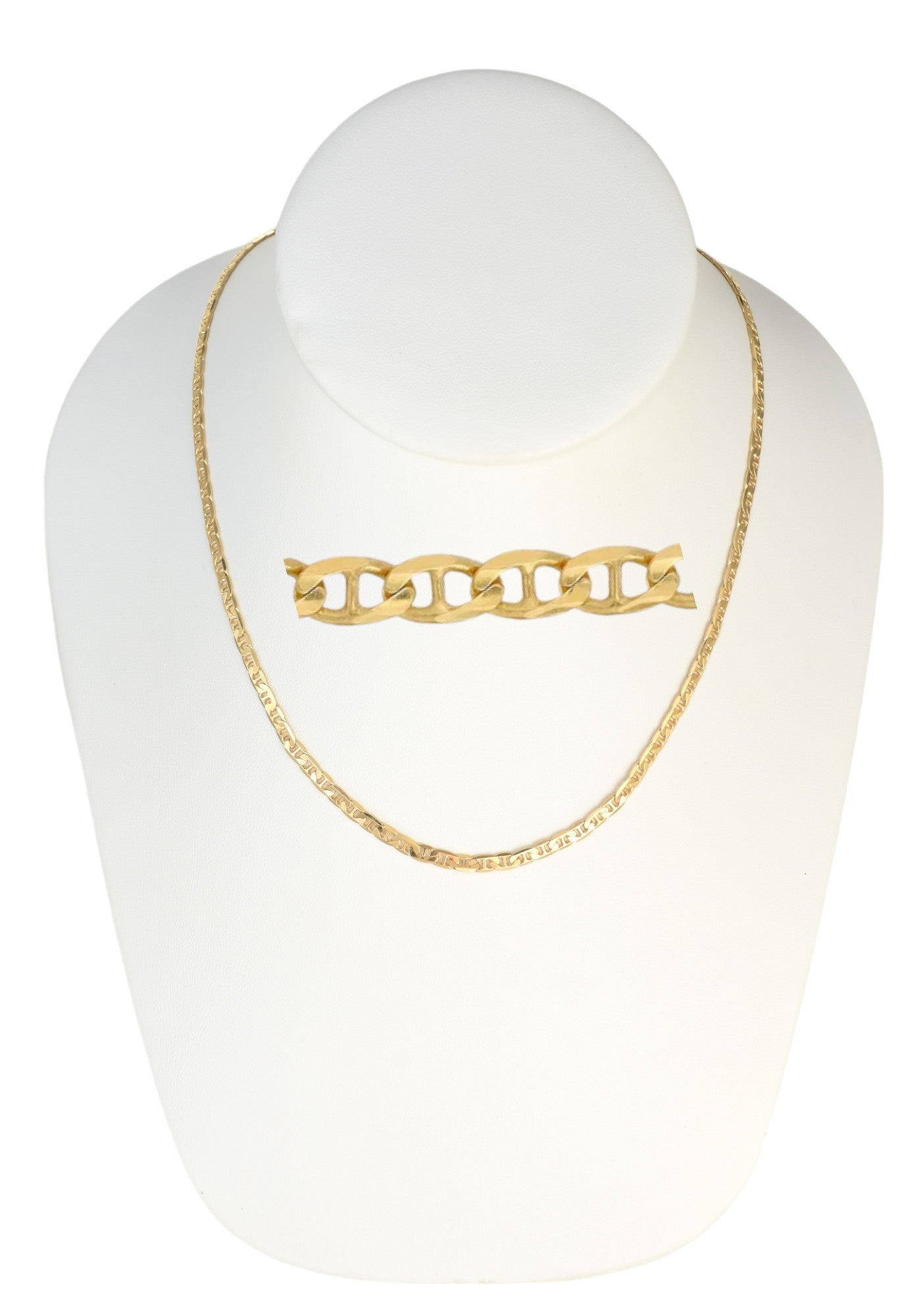 Gold Plated Mariner Chain Necklace displayed on a jewelry bust, available in 18", 20", 22", and 24" lengths, 80mm width.