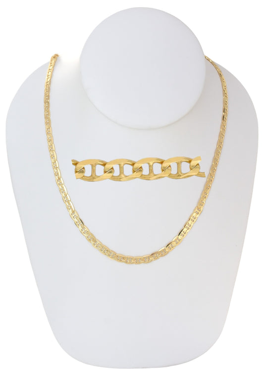 Gold Plated 100mm width Diamond Cut Mariner Chain Necklace on a jewelry display, available in 26" and 24" lengths.