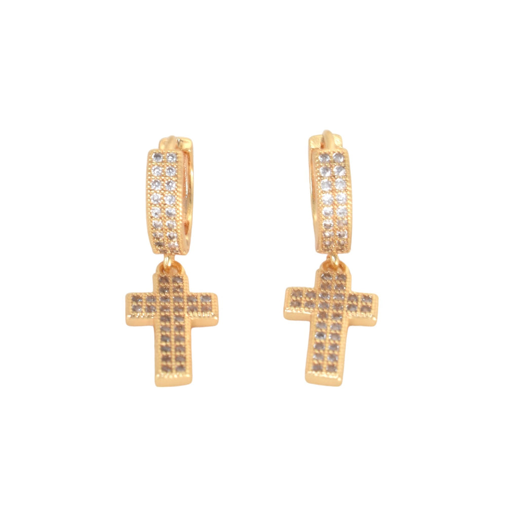 Gold Plated Dangly CZ Cross Earrings, Oro Brasileno Aretes