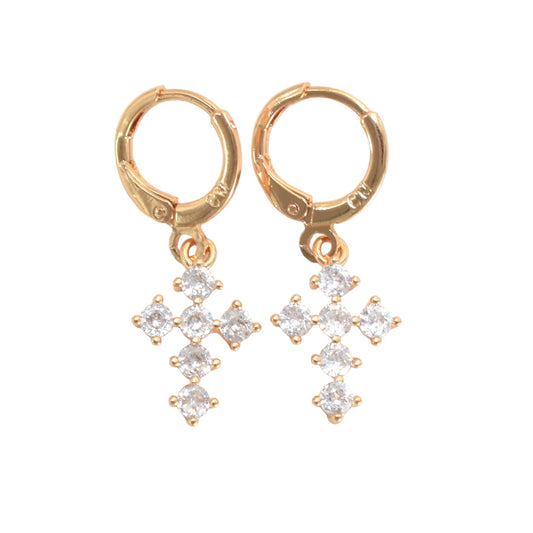 Gold Plated Dangly CZ Cross Earrings, Oro Brasileno Aretes