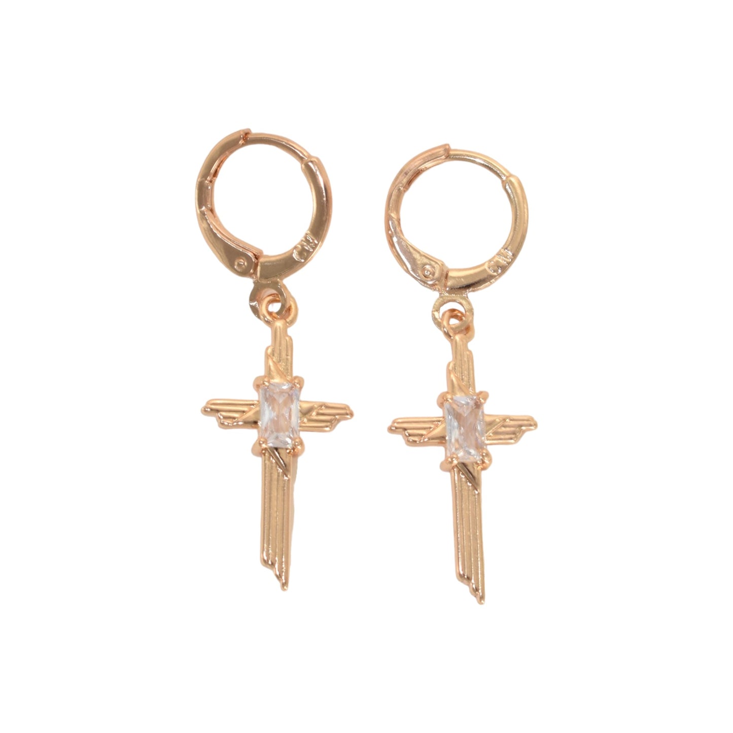 Gold Plated Dangly CZ Cross Earrings, Oro Brasileno Aretes