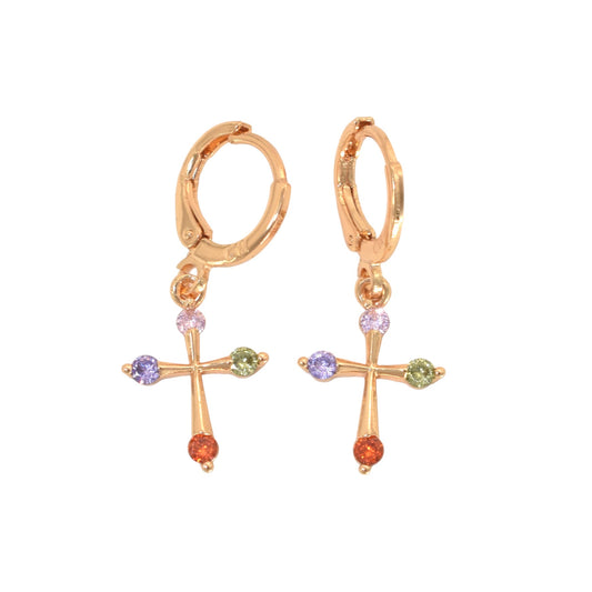 Gold Plated Multicolor Dangly Cross Earrings, Oro Brasileno Aretes