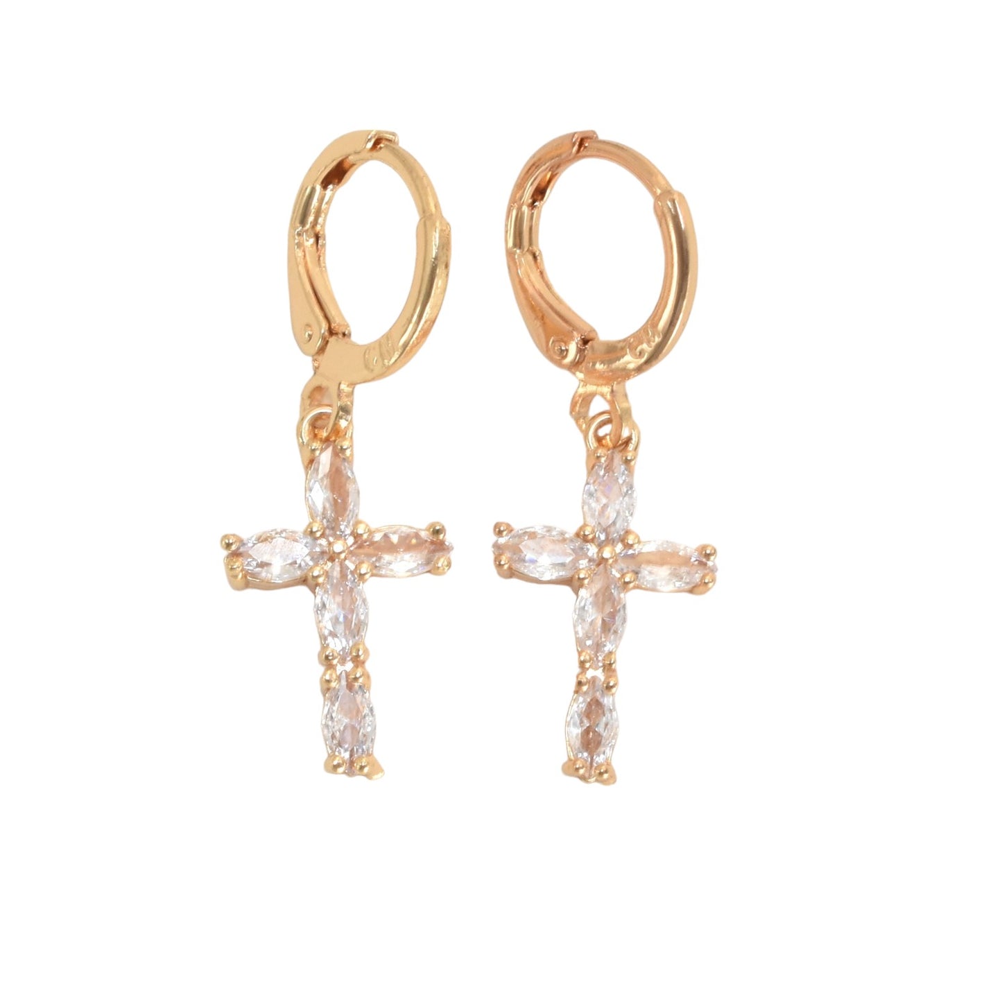 Gold Plated Dangly CZ Cross Earrings, Oro Brasileno Aretes | Wholesale Jewelry