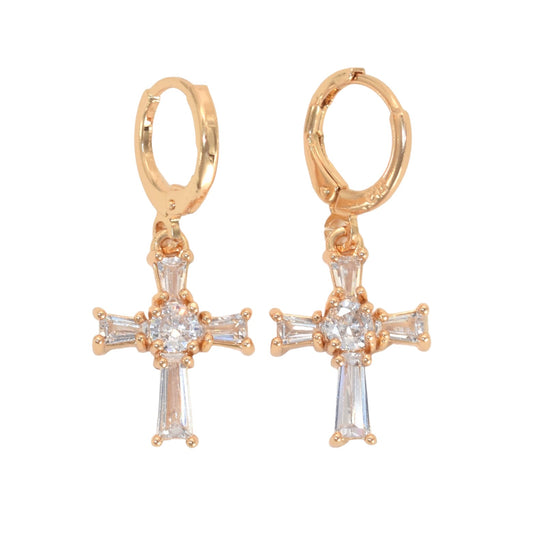 Gold Plated Dangly CZ Cross Earrings, Oro Brasileno Aretes | Wholesale Jewelry