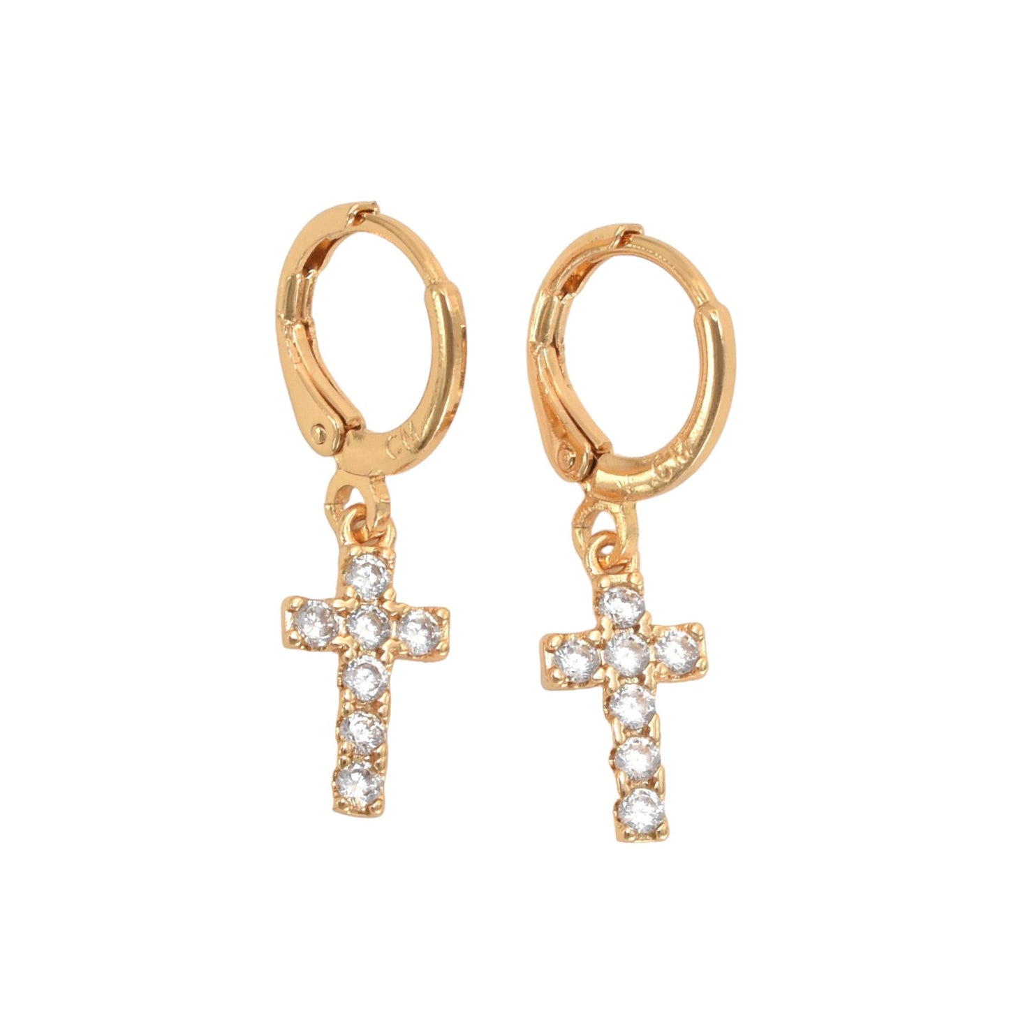 Gold Plated Dangly CZ Cross Earrings, Oro Brasileno Aretes | Wholesale Jewelry