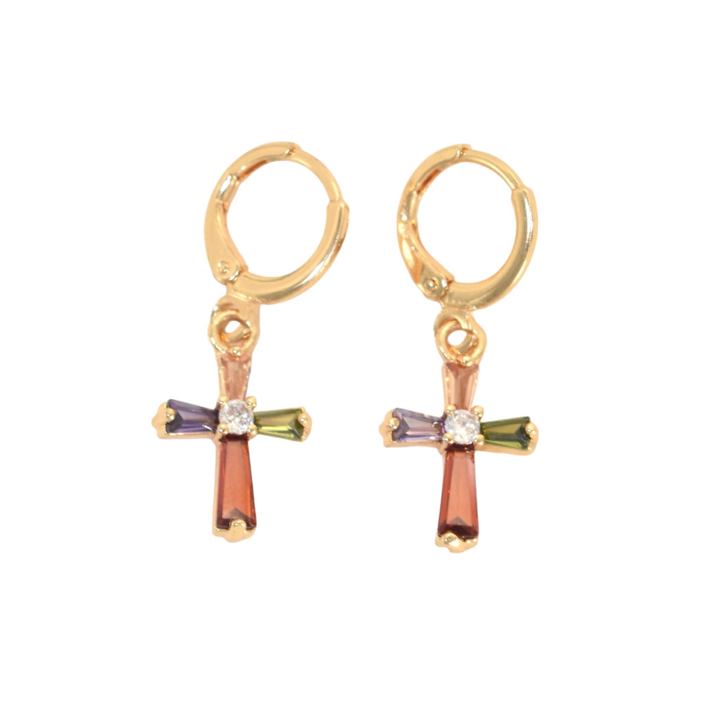 Gold Plated Multicolor Dangly CZ Cross Earrings, Oro Brasileno Aretes