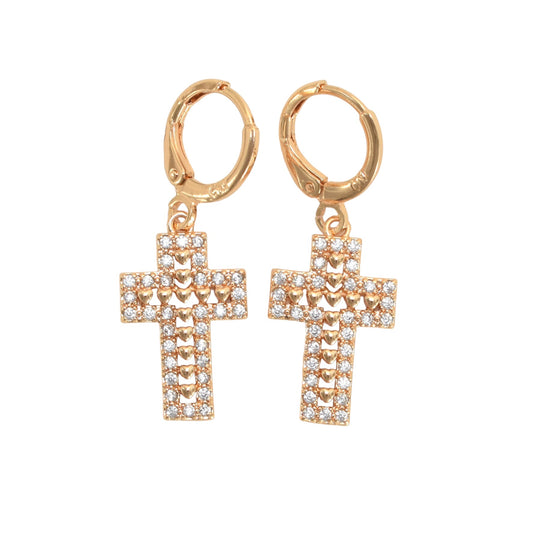 Gold Plated Dangly CZ Cross Earrings, Oro Brasileno Aretes